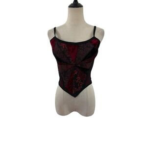 Vtg 90s Catwalk Collection London Corset‎ Top Sz M/L Red Black Velvet Patchwork
